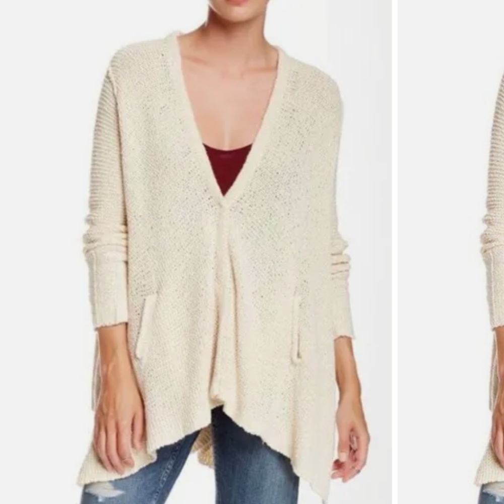 Free People Ivory Chunky Shark Bite Hem Slouchy Knit Oversized Cardigan Sz S - Picture 3 of 6